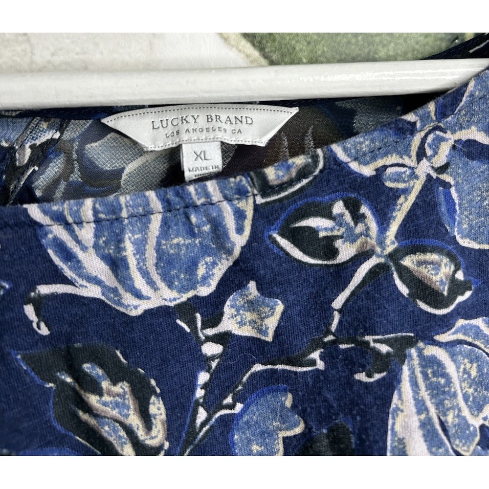 Lucky Brand XL Blue Floral Blouse Open Back Sheer Sleeve Boho Top - Picture 4 of 5
